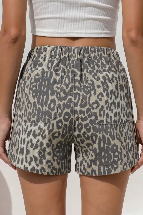 Drawstring Leopard-Print Striped Patchwork Denim Shorts