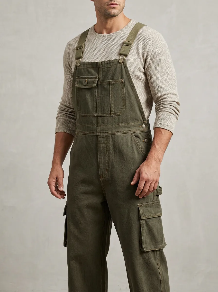 Men's Casual Olive Green Cargo Bib Overalls
