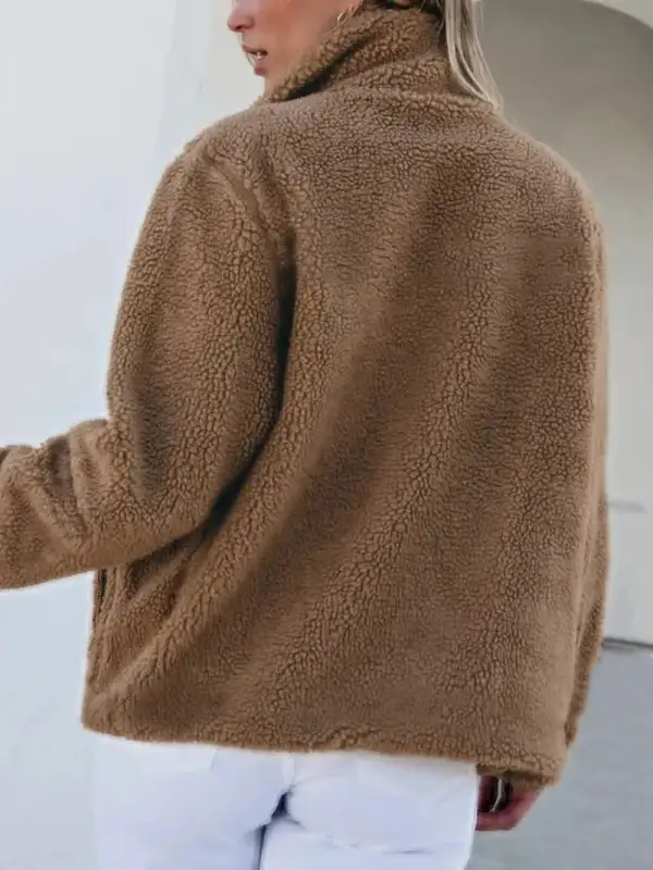 Plush Zip Front Pocketed Casual Jacket