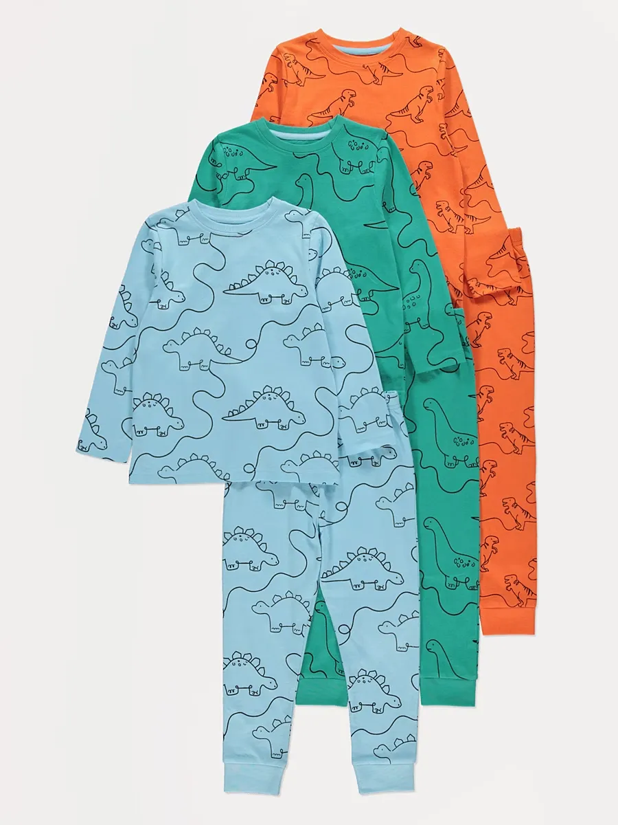 Dinosaur Line Illustration Long Sleeve Pyjamas 3 Pack