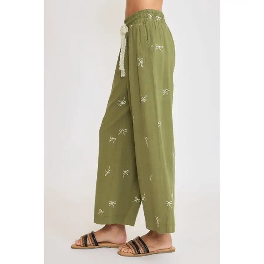 Classic Full Size Lace Drawstring Embroidered Bow Wide Leg Pants Plus Size