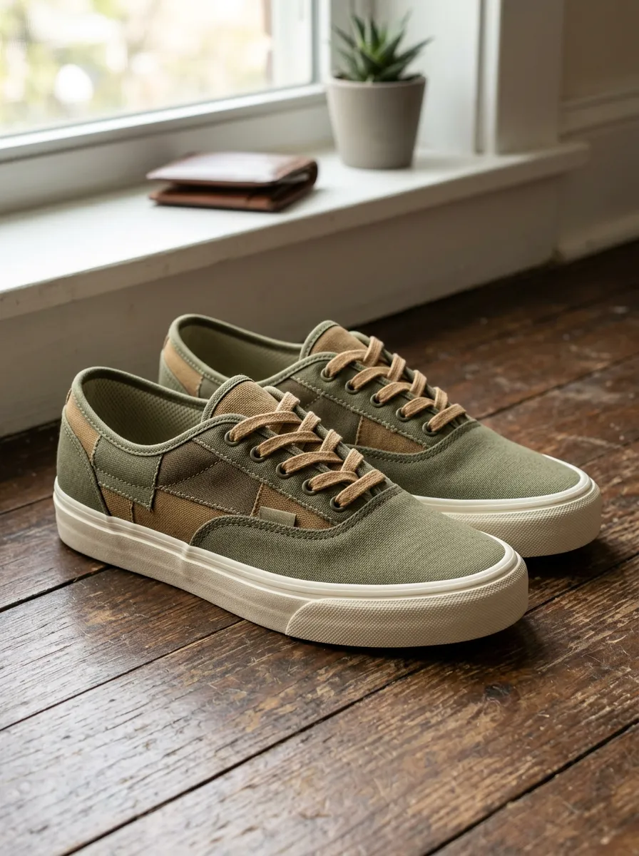 Men's Olive Brown Patchwork Canvas Printed Sneakers