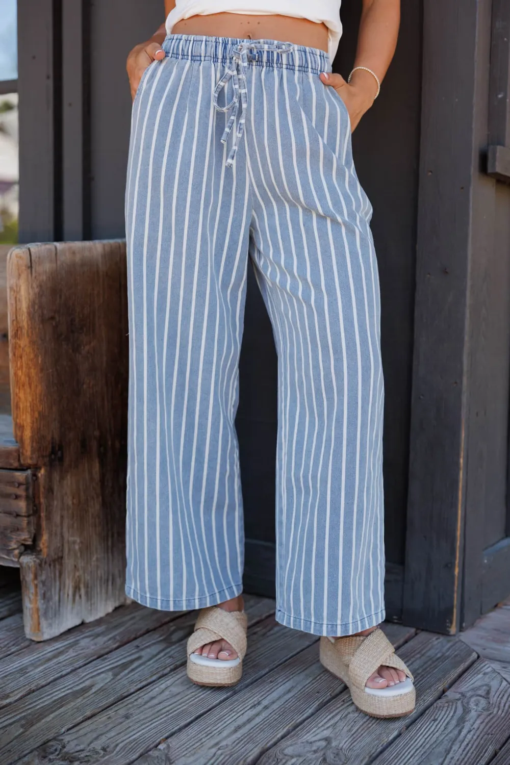 Wide-Leg Striped Denim Pants
