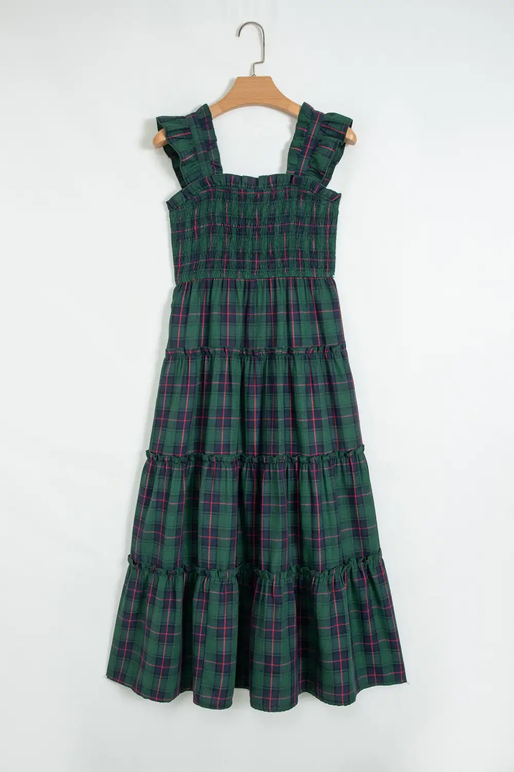 Women's Plaid Sleeveless Shirred Ruffled Midi Dress