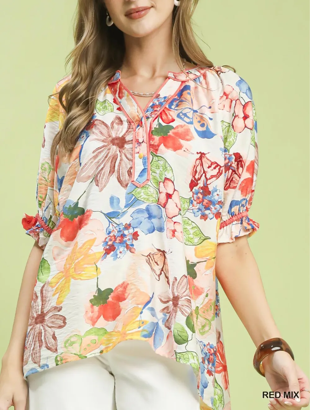 Watercolor Floral Print Top With High-Low Hem