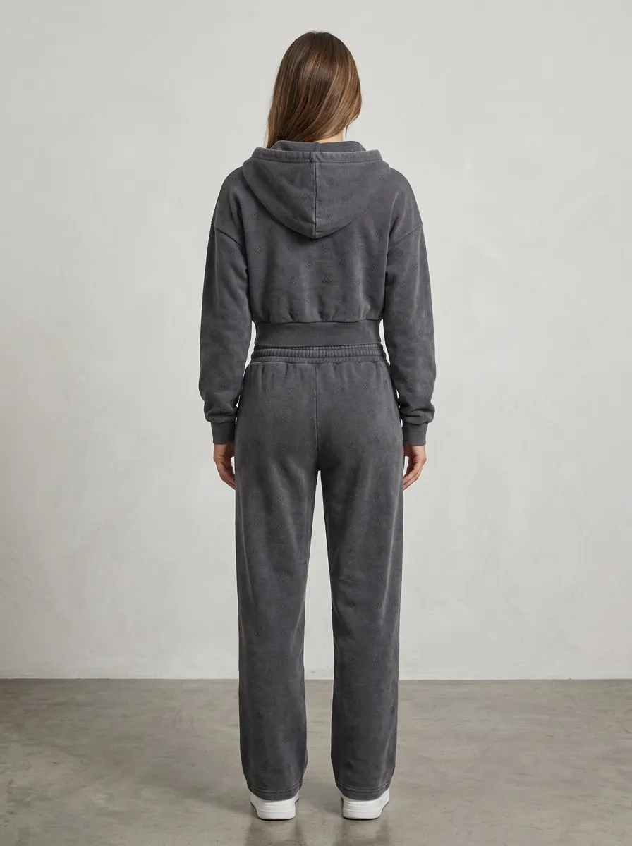 Zip-Up Jogger Sporty Floral-Detail Women's Cropped Zip-Up Hoodie Jogger Active Set