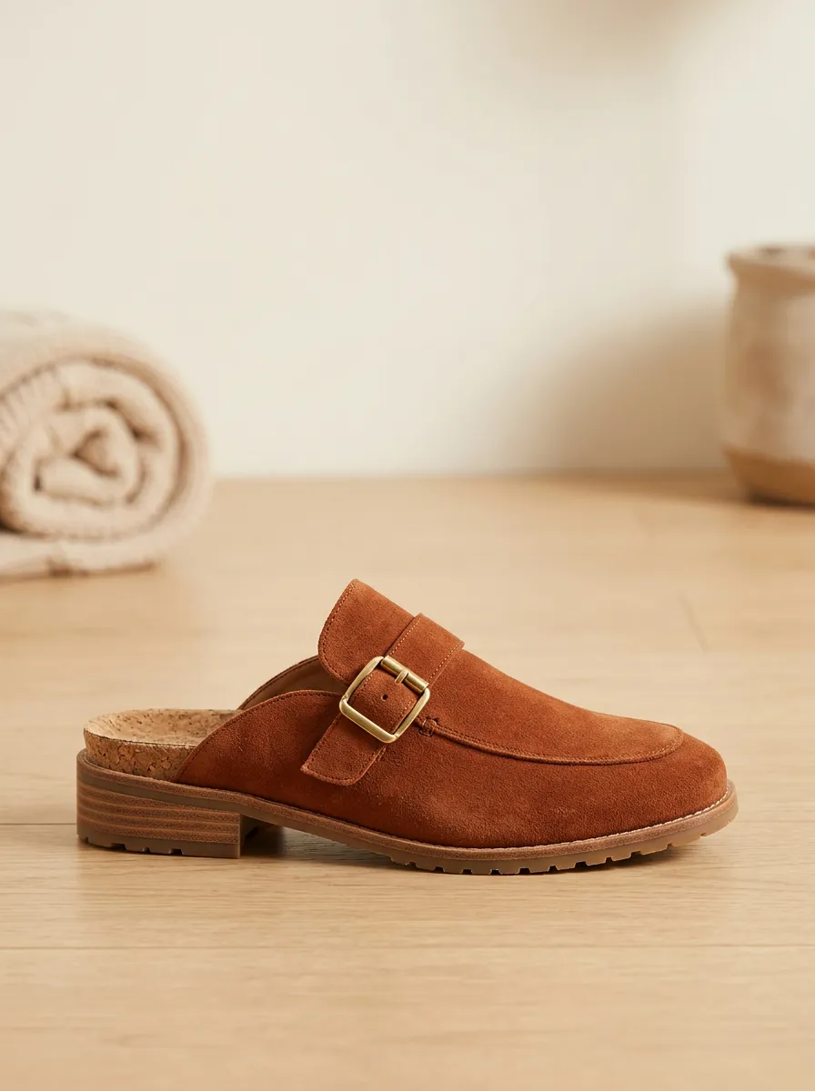 Women's Classic Buckle Detail Casual Suede Wood Sole Loafers