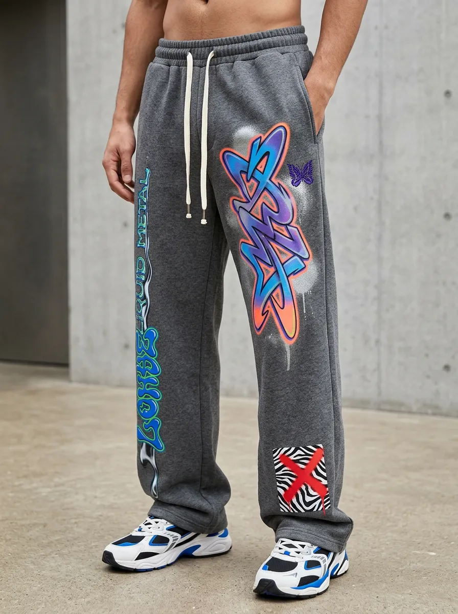 Men's Streetwear Graffiti Butterfly Liquid Metal Printed Sweatpants