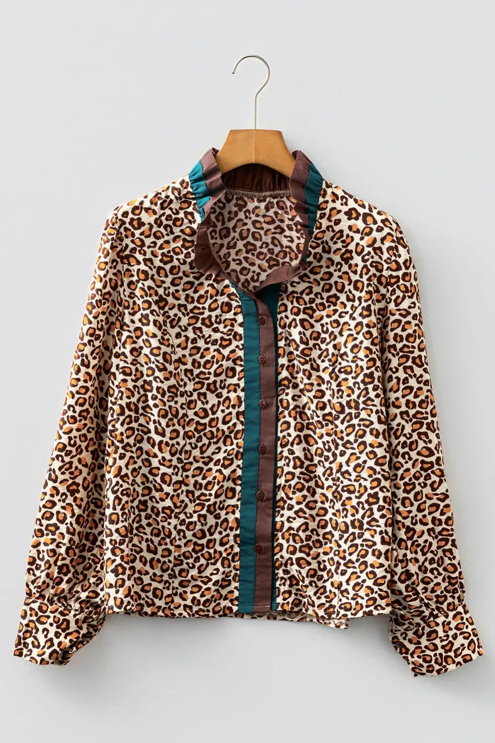 Brown Leopard Print Contrast Frilled Trim Button Down V Neck Shirt