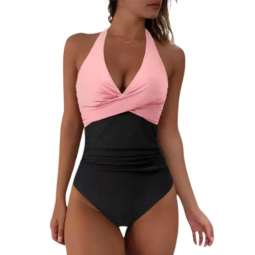  Floral Halter V Neck Ruched Swimsuit Apparel