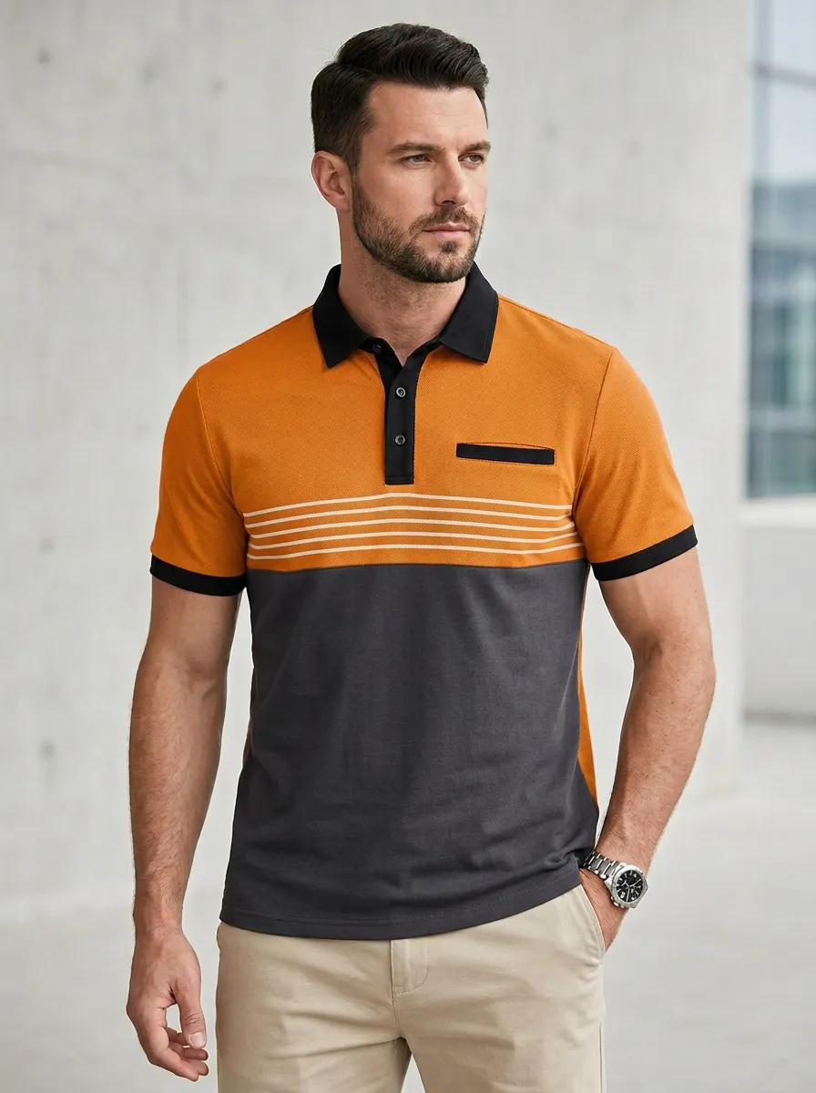 Men's Structured Colorblock Striped Polo Shirt