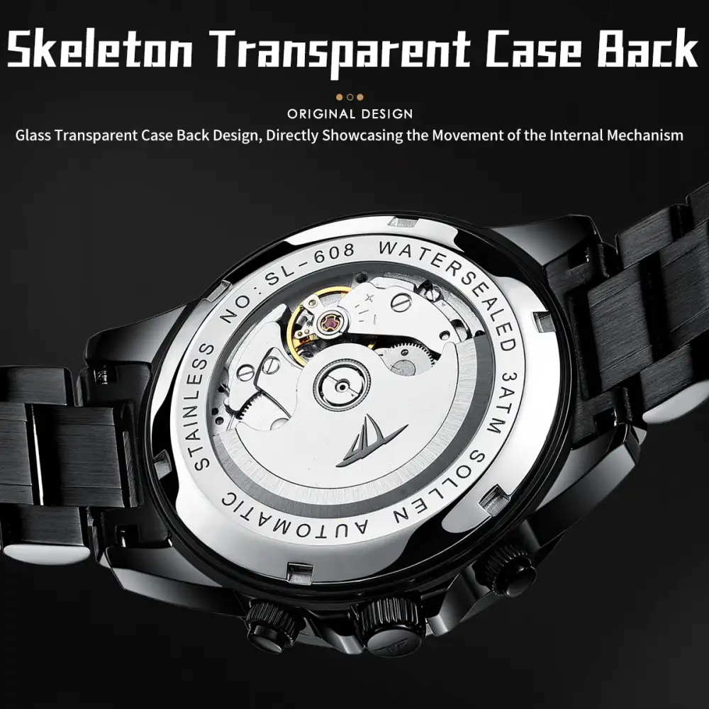 Sollen SL608 Automatic Watch - Men's Multi-Function Moonphase Stainless Steel 5-Bead Bracelet Wristwatch