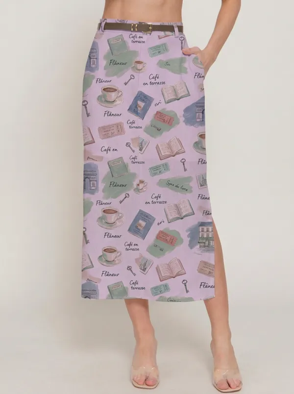 Women's Paris Cafe Book Lover Coffee Cup Printed Skirt