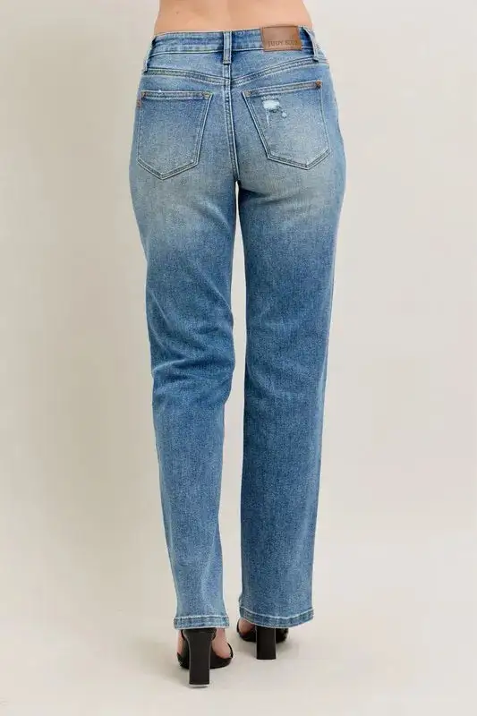 High-Waist Distressed Vintage-Wash Front-Seam Straight Leg Jeans
