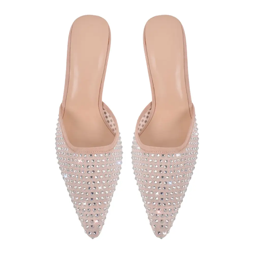 Rhinestone Pointed Toe Stiletto Slip On Heeled Mules