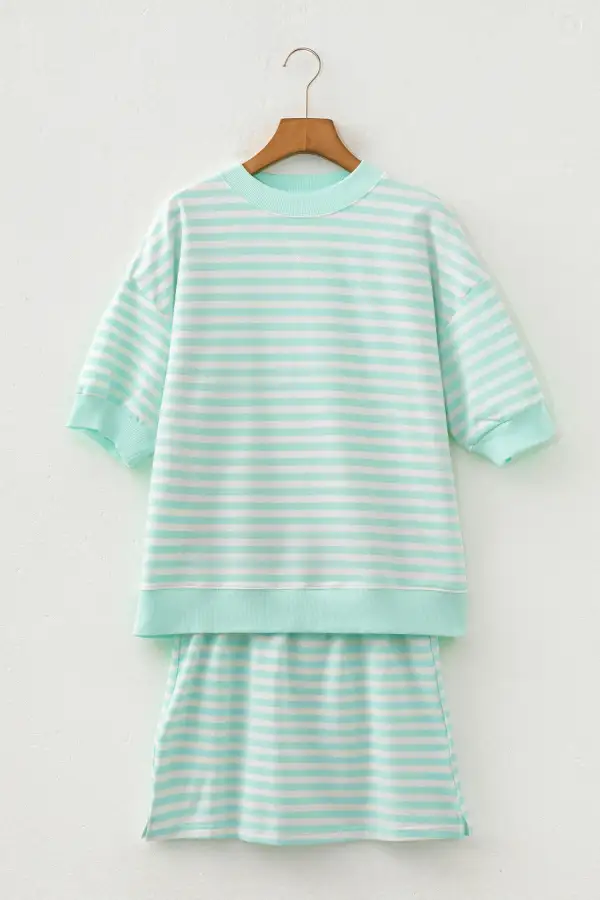Women's Ribbed Color Block Trim Half Sleeve Top Mini Skort Two Piece Outfit