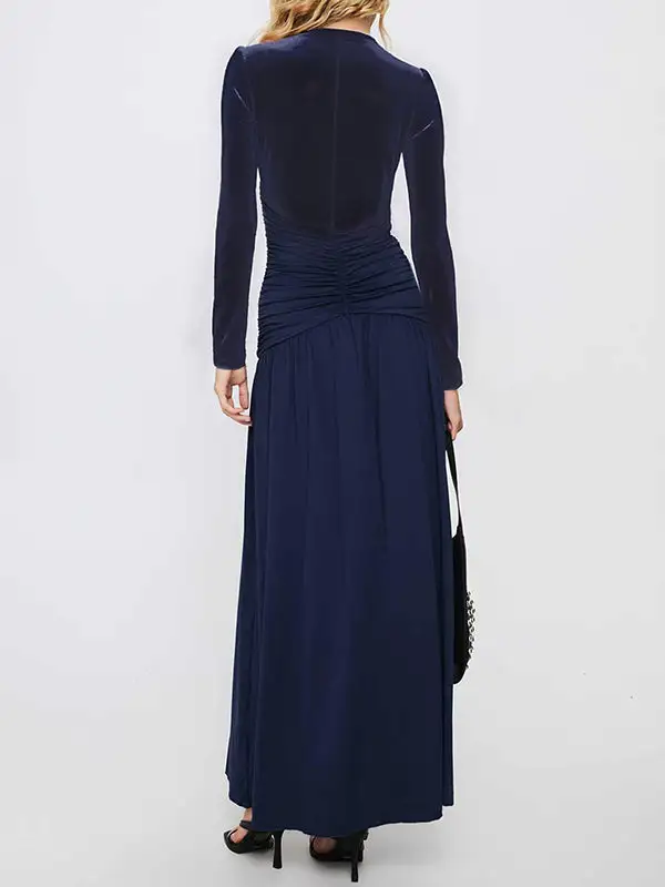 Side Pleated Neck Maxi Dress
