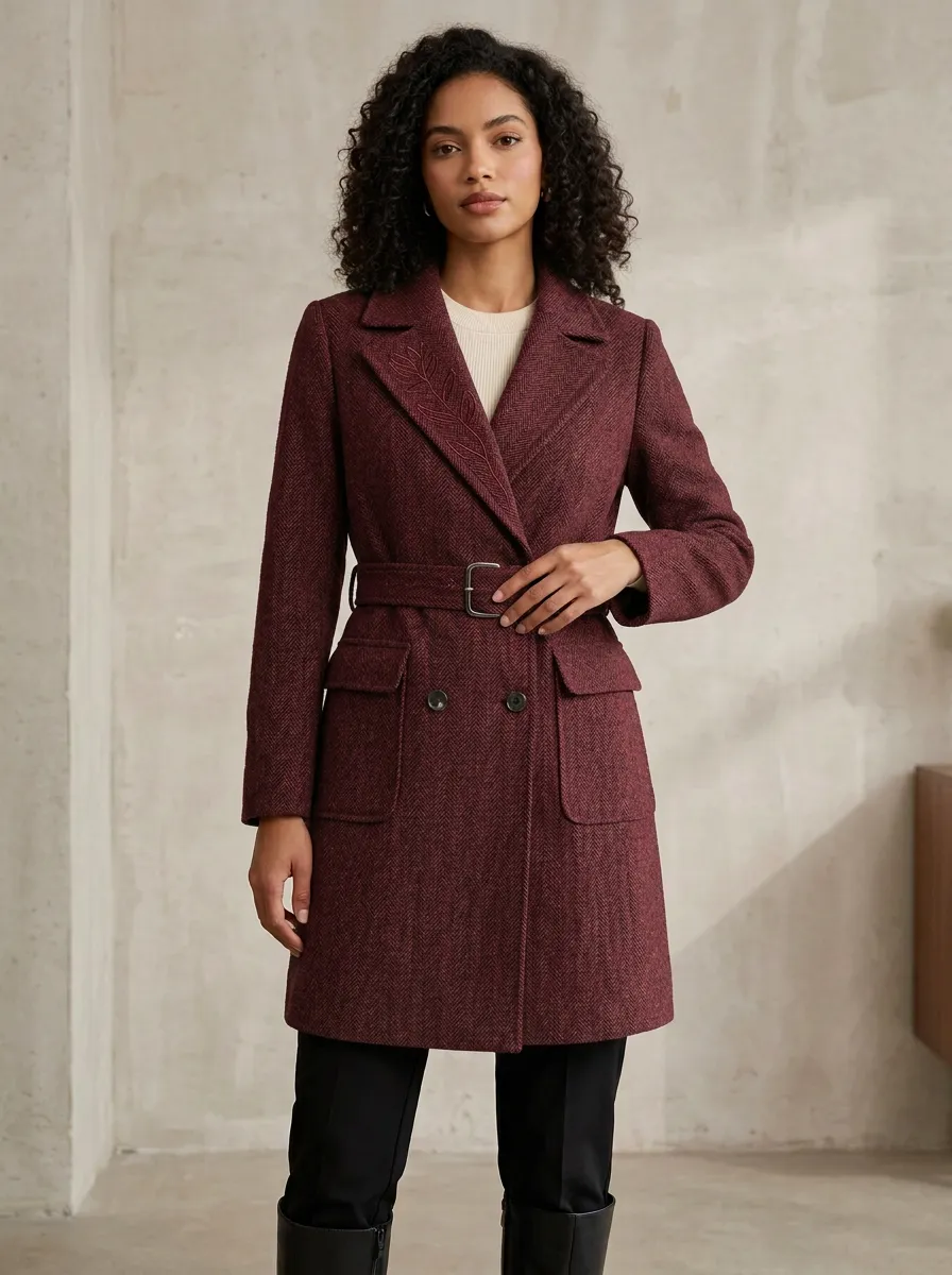 Women's Leaf Embroidered Herringbone Belted Coat