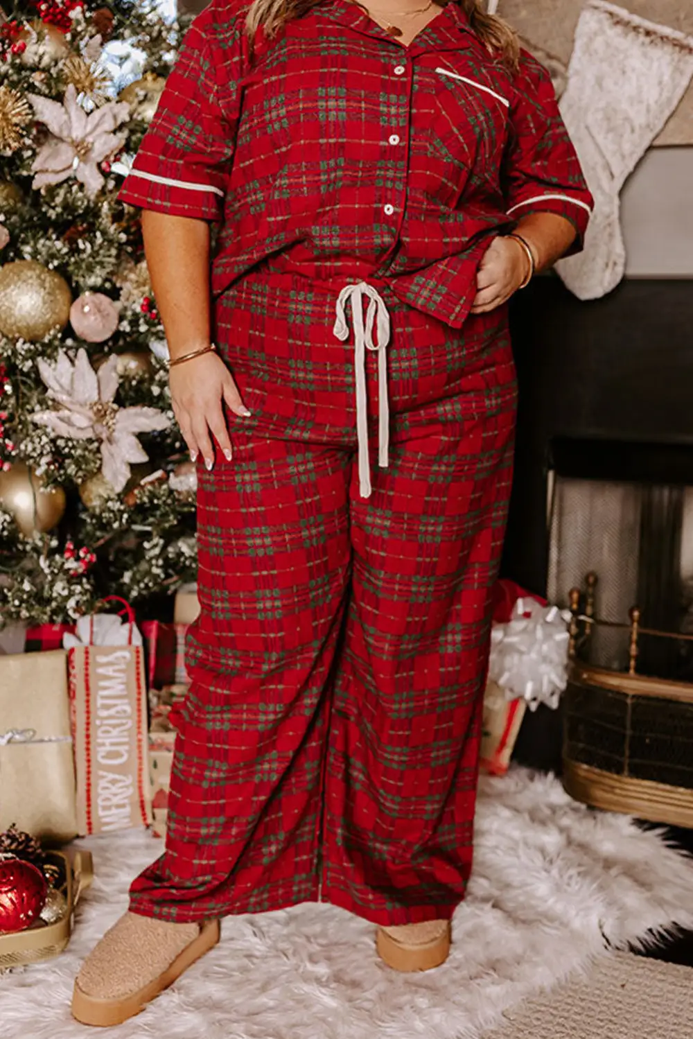 Plus Plaid Shirt And Loose Pants Pajama Set