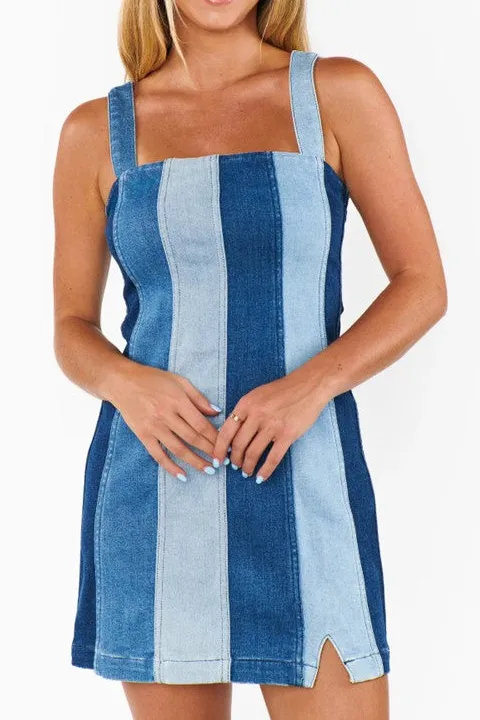 Blue Denim Stripe Corset Style Mini Dress