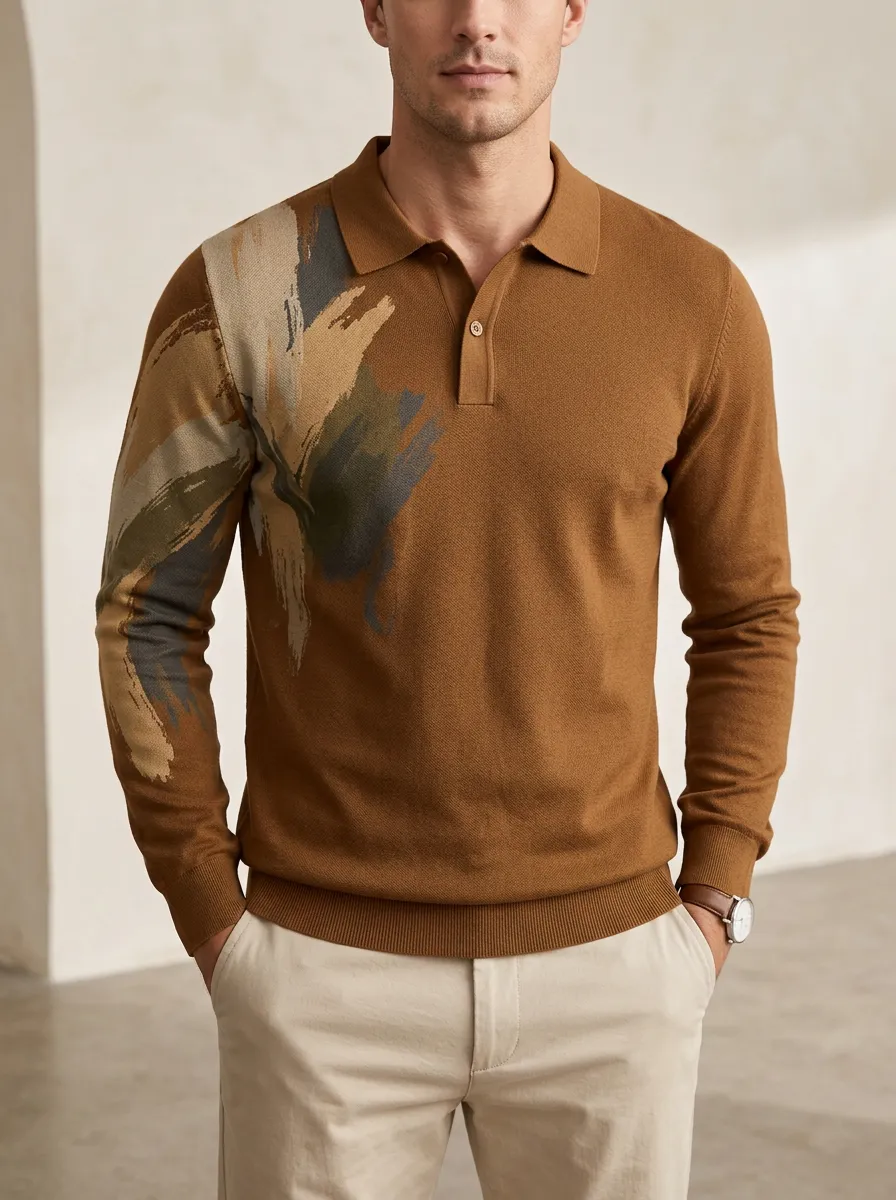 Men's Abstract Brushstroke Pattern Printed Long Sleeve Polo Shirt Relaxed Design