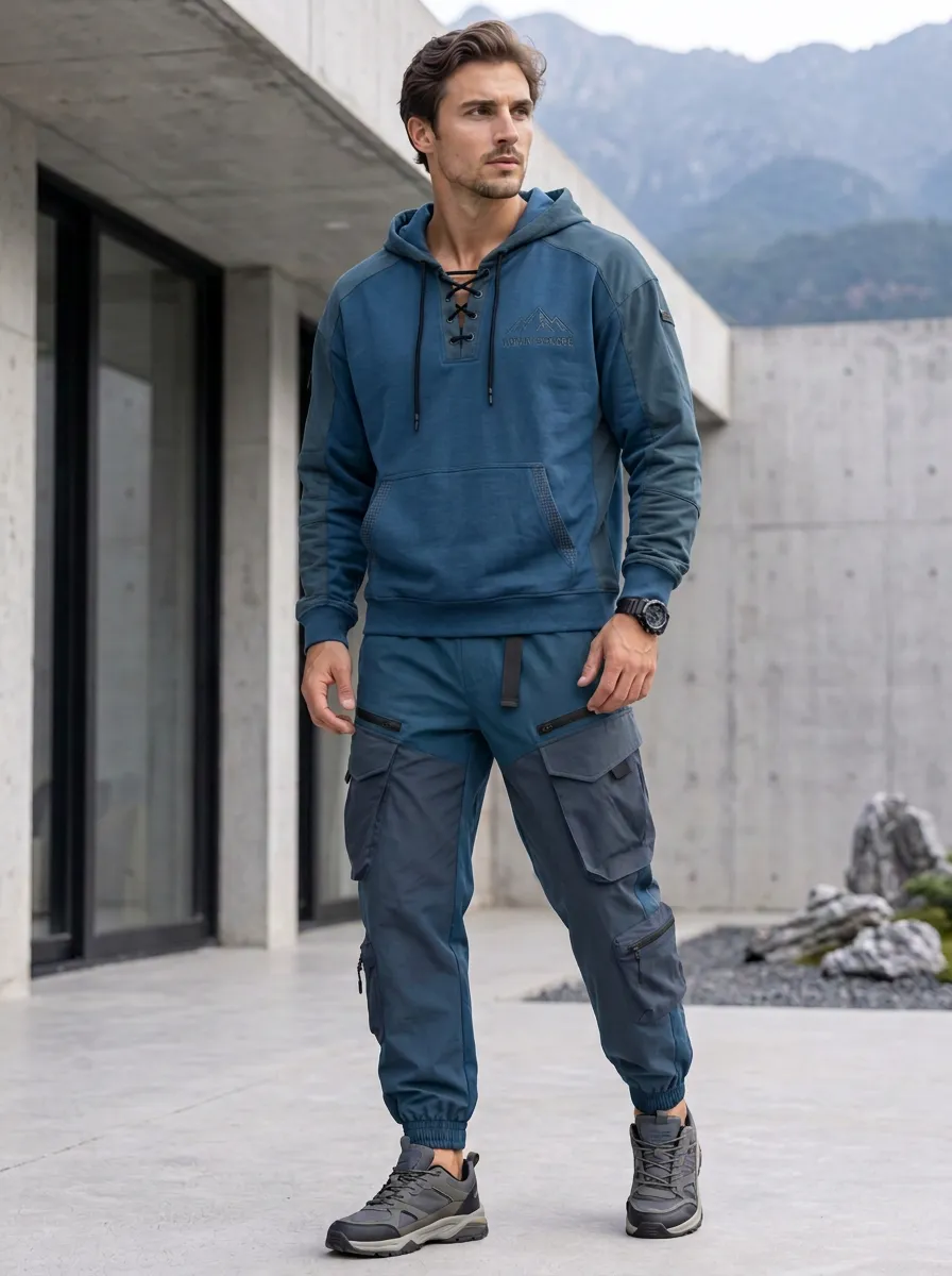 Trail-Inspired Lace-Up Mountain Graphic Look Men's Lace Up Hoodie And Cargo Jogger Set
