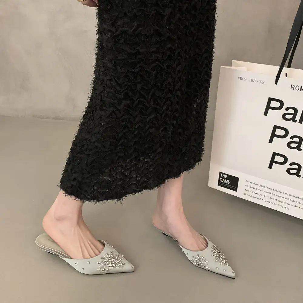 Rhinestone Detail Pointed Toe Slide Sandals