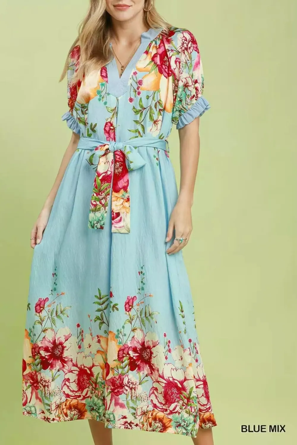 Everyday Floral Print Belted Pocketed Midi Dress