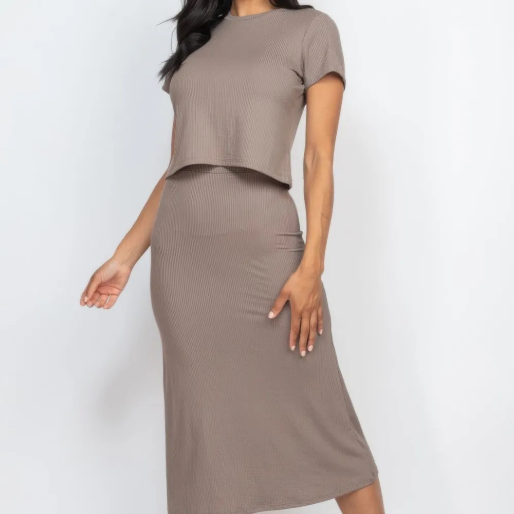 Short Sleeve Ribbed Top & Midi Skirt Set