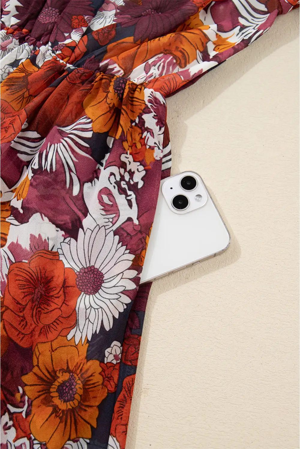 Textured Detail Floral Printed V Neck Mini Dress