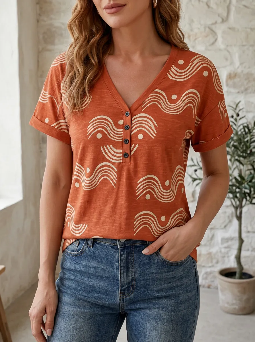 Women's Boho Abstract Wave Printed Henley Shirt