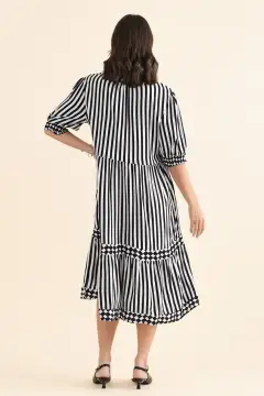Below-Knee Striped Viscose Tiered Pocket V-Neck Half-Sleeve Dress