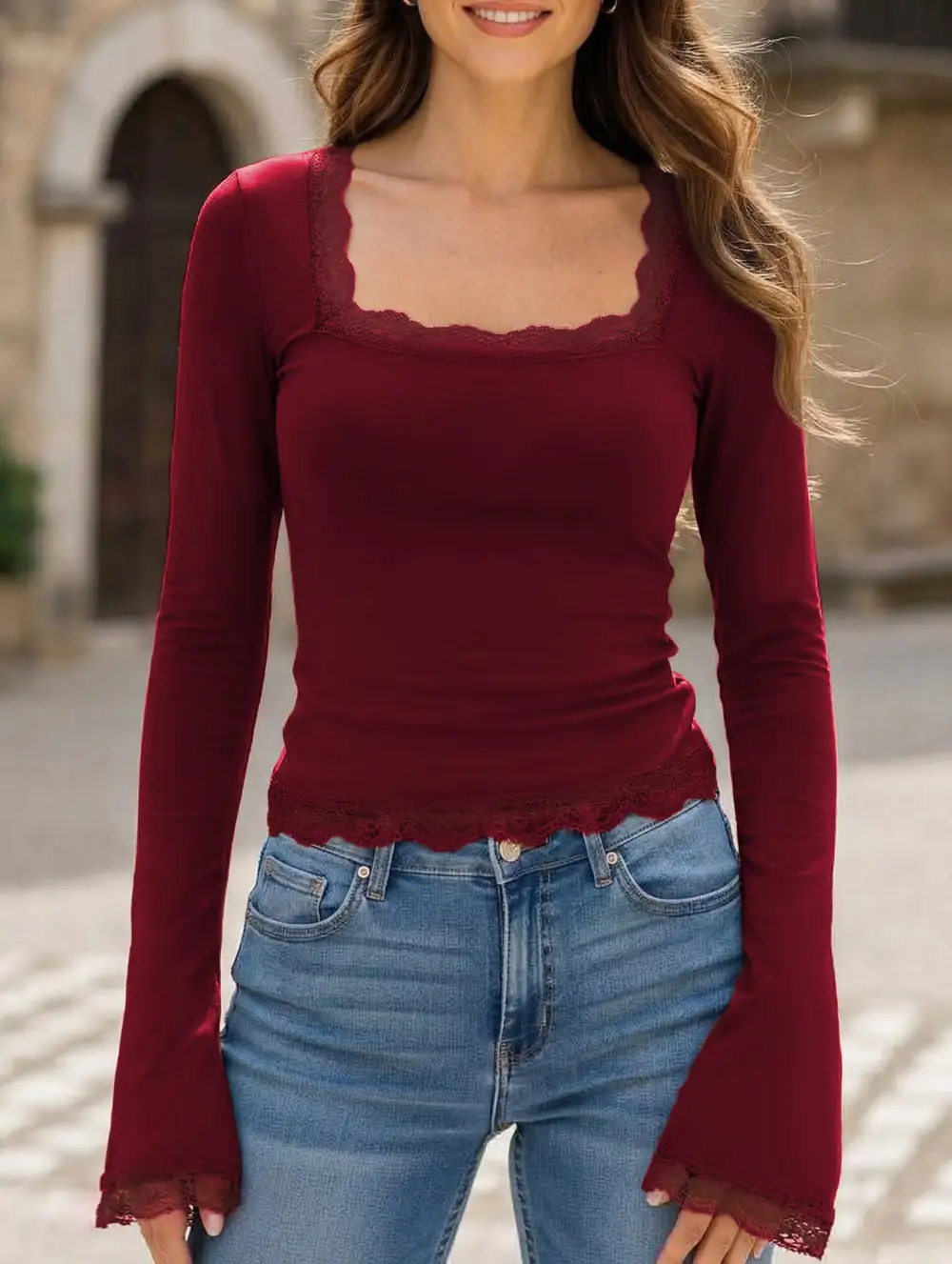 Lace Trim Long Sleeve Slim Top