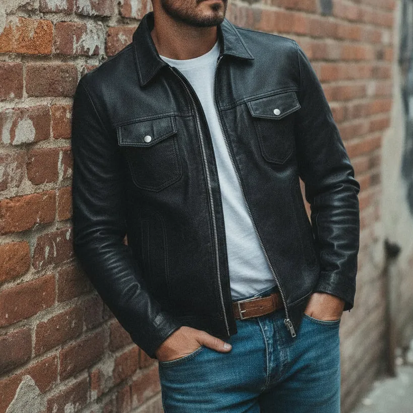 Classic Leather Biker Motorcycle Cafe Racer Jacket
