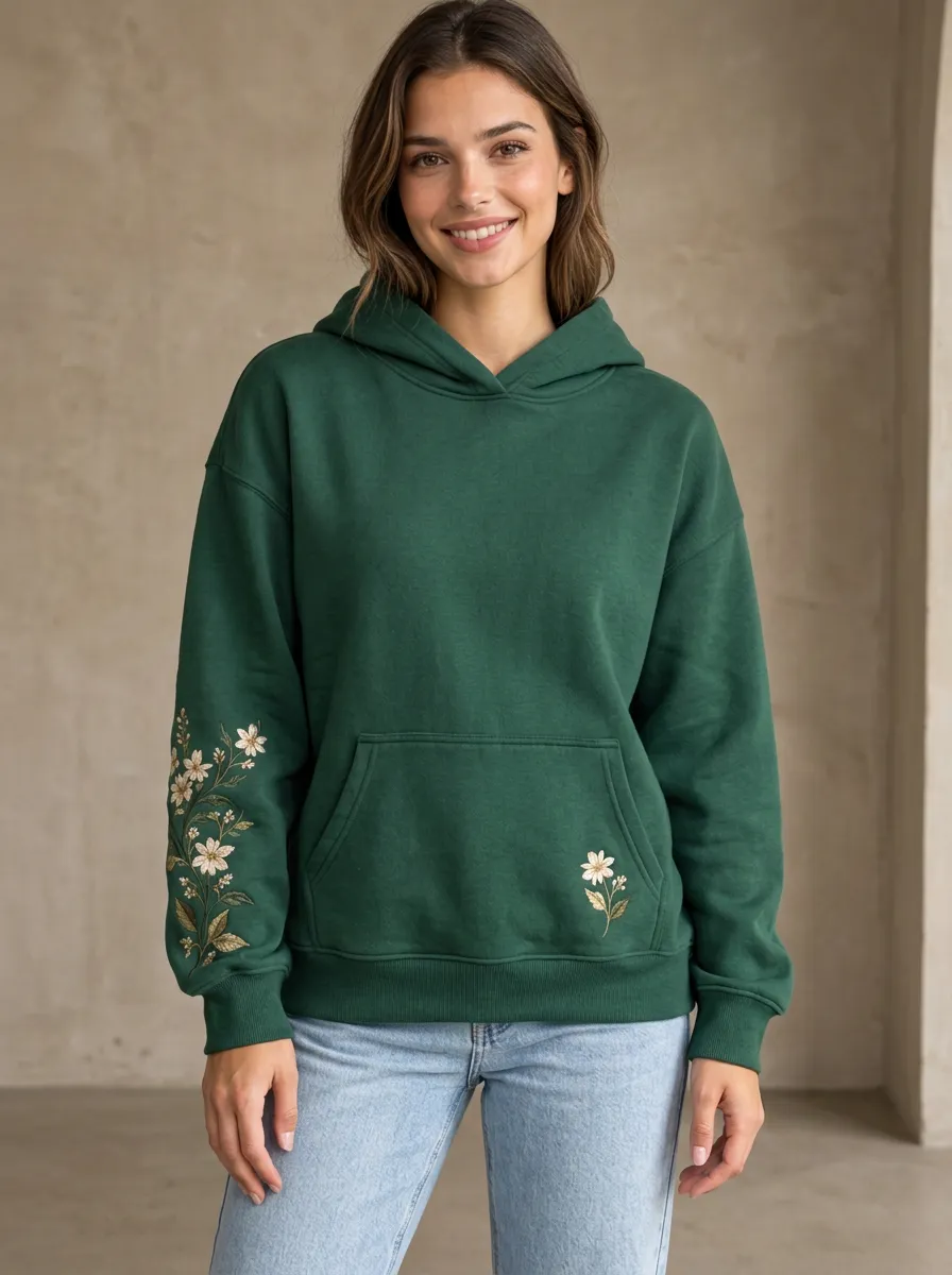 Easy Comfort Women's Floral Embroidered Graphic Nature Inspired Hoodie