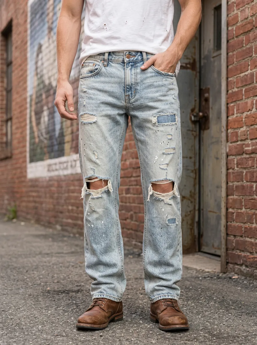 Men's Distressed Light Wash Paint Splatter Ripped Jeans