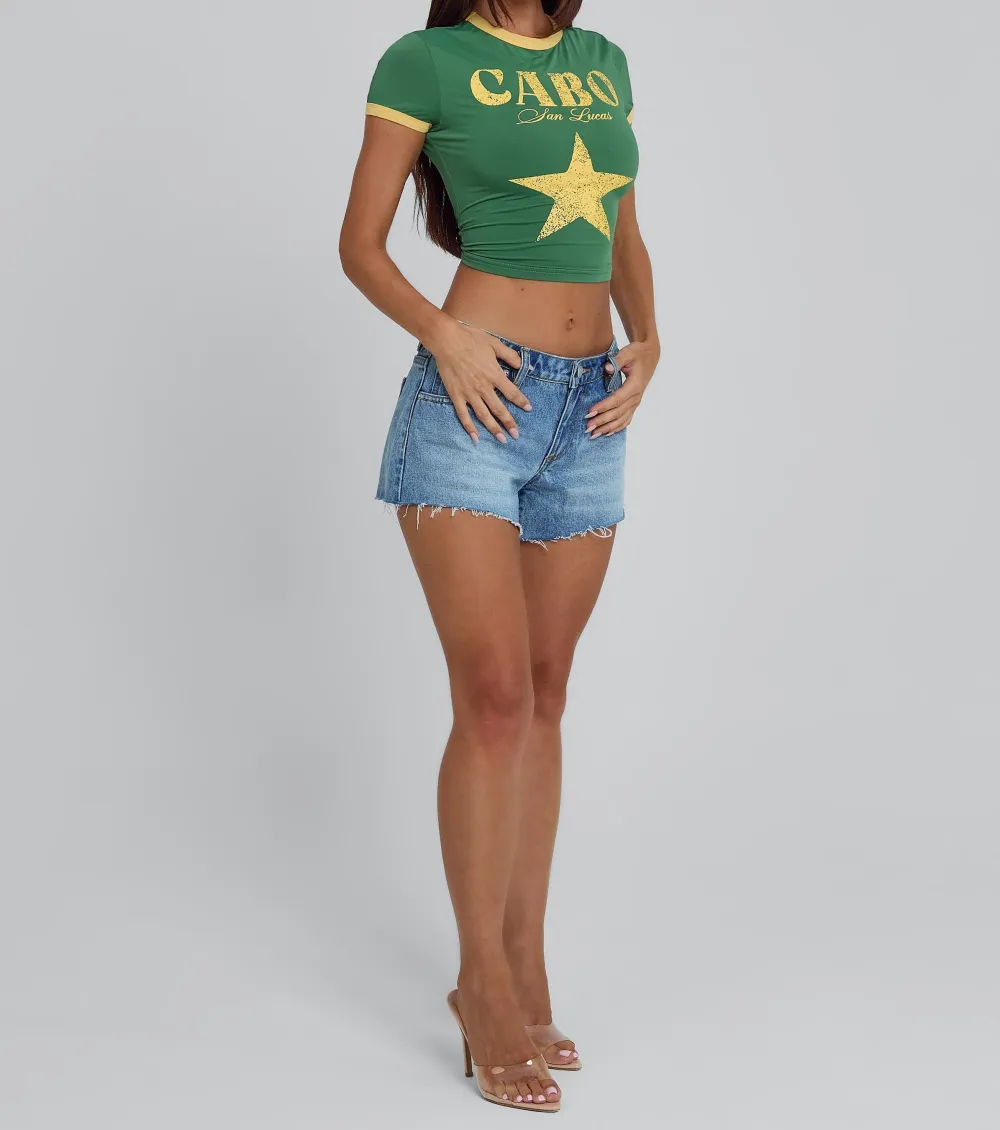 Mid Blue Raw Hem Denim Shorts