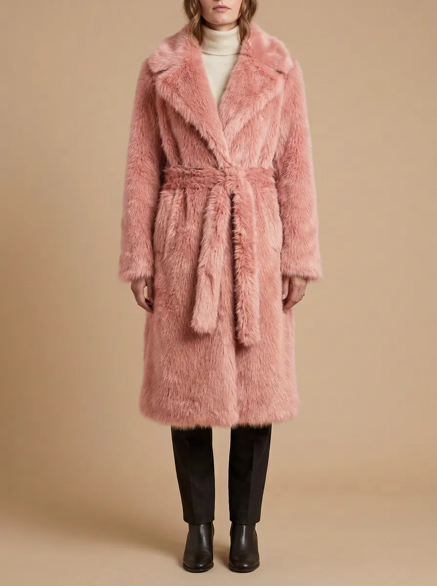 Toned Solid Faux Fur Belted Coat