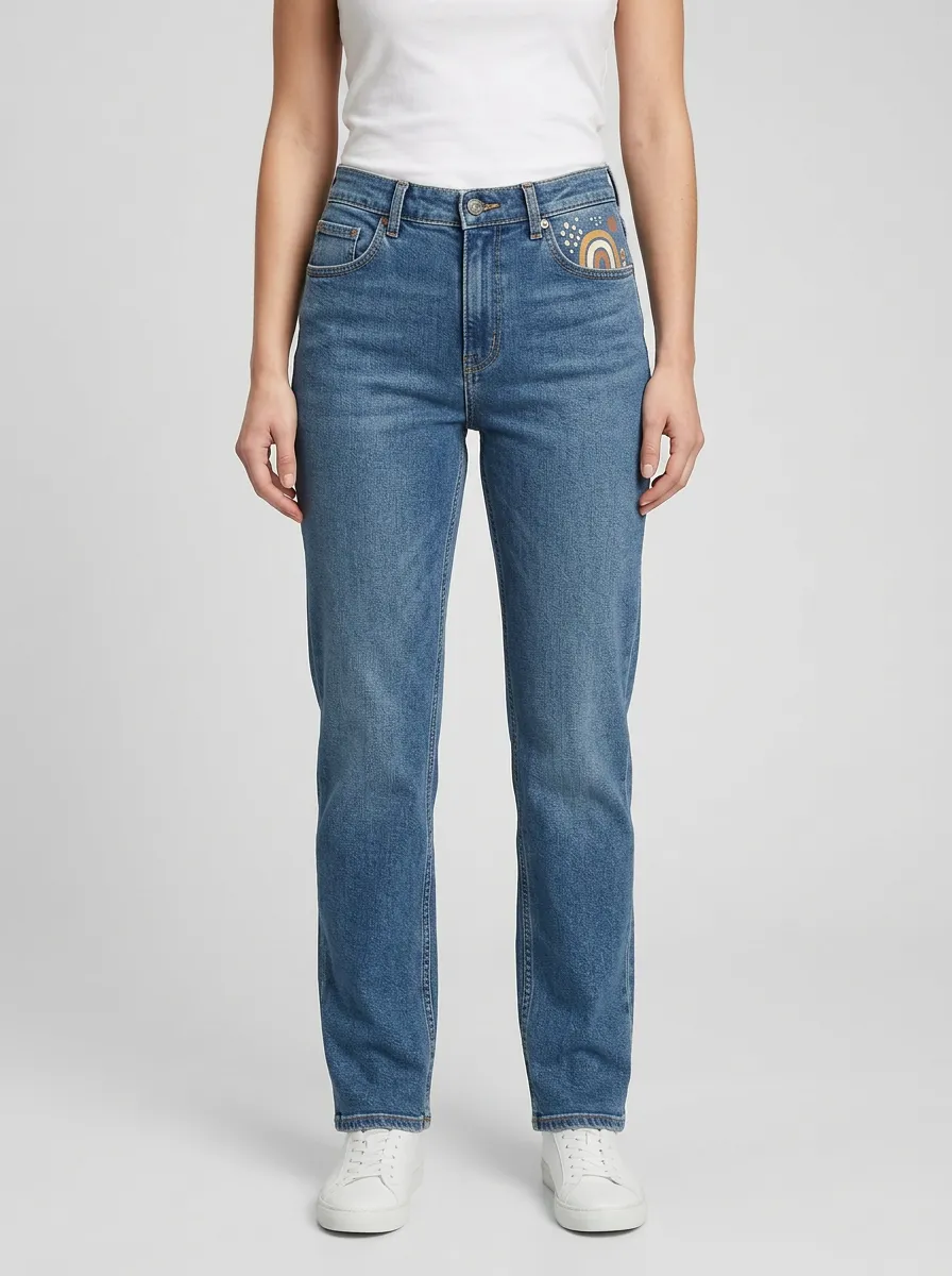 Women's Rainbow Embroidered Coin-Pocket High-Rise Straight-Leg Jeans