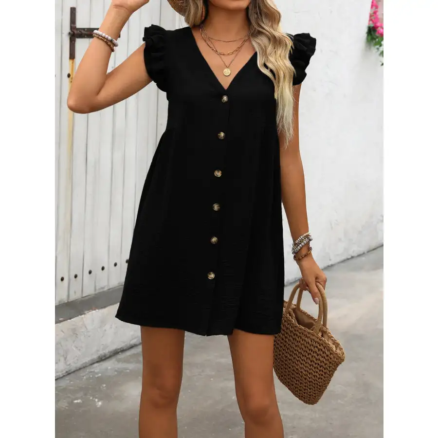 Button Up V-Neck Cap Sleeve Mini Dress