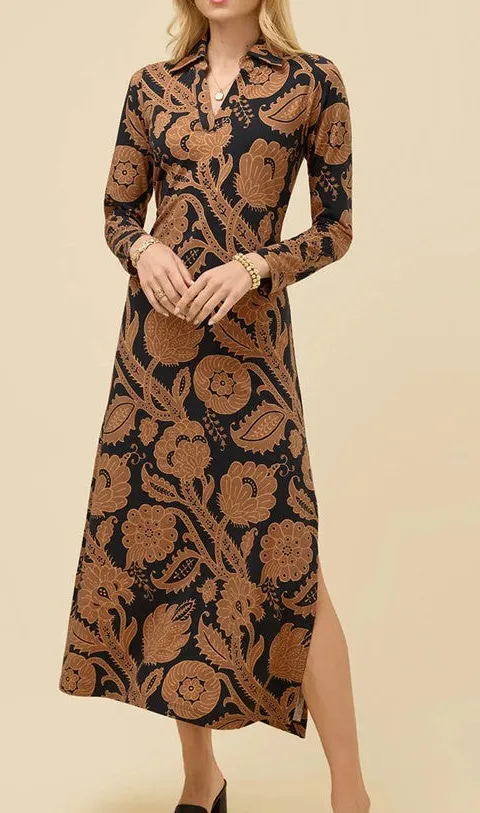 Orange Botanical Print Belted Midi Dress