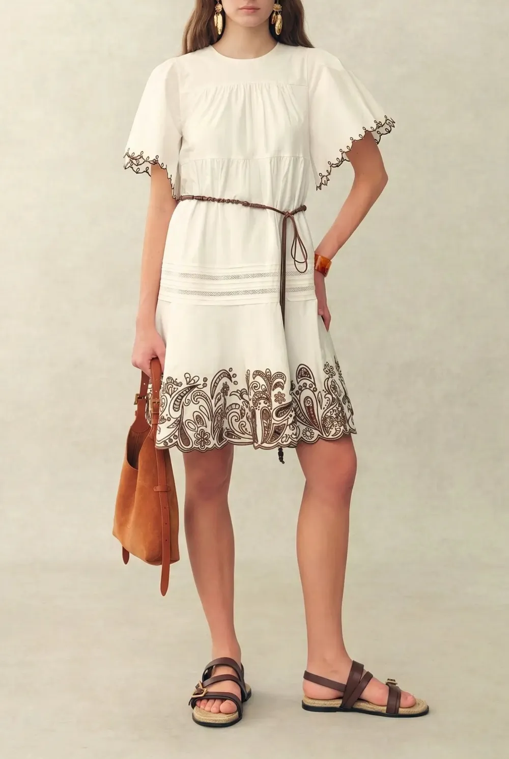 Embroidered Paisley Cotton Poplin Mini Dress