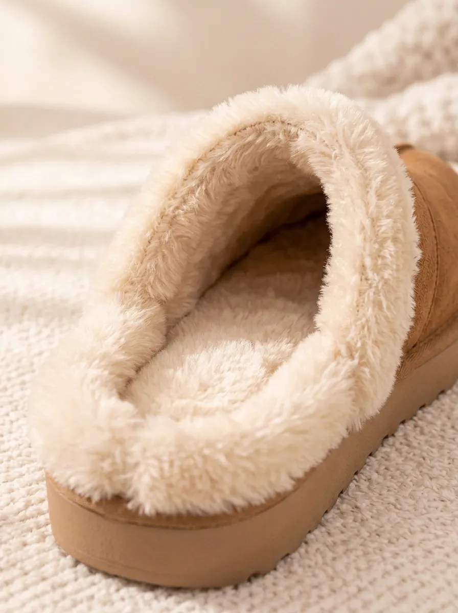 Women's Tan Center-Seam Faux Suede Plush-Lined Platform Mules