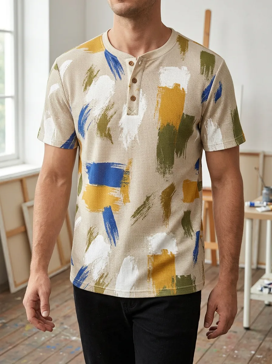 Men's Modern Abstract Brushstroke Waffle Knit Henley T-Shirt
