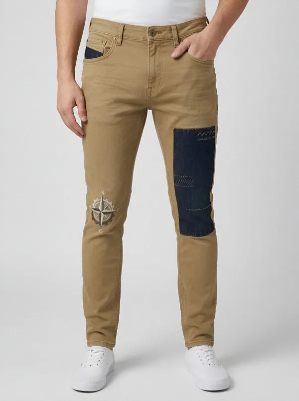 Men's Mid-Blue Travel Explorer Compass Patchwork Slim Fit Jeans