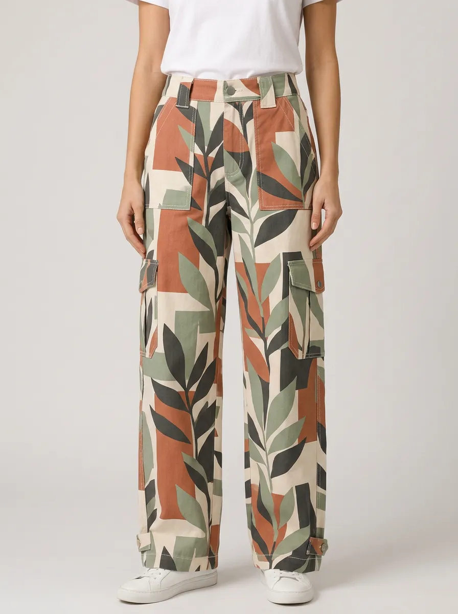 Women's Botanical Abstract Leaf Printed Cargo Pants Set