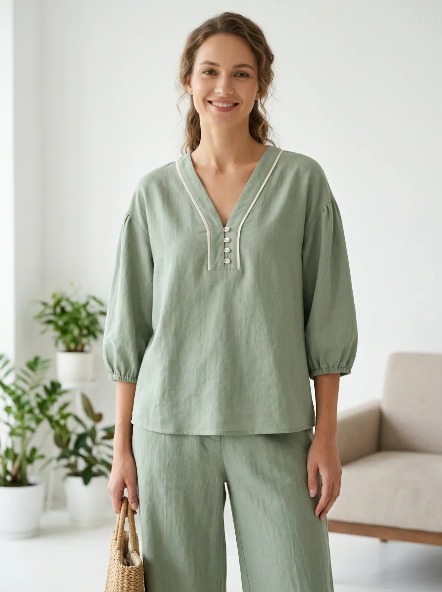 Short-Sleeve Button-Front Puff-Sleeve Women's V-Neck Shirt