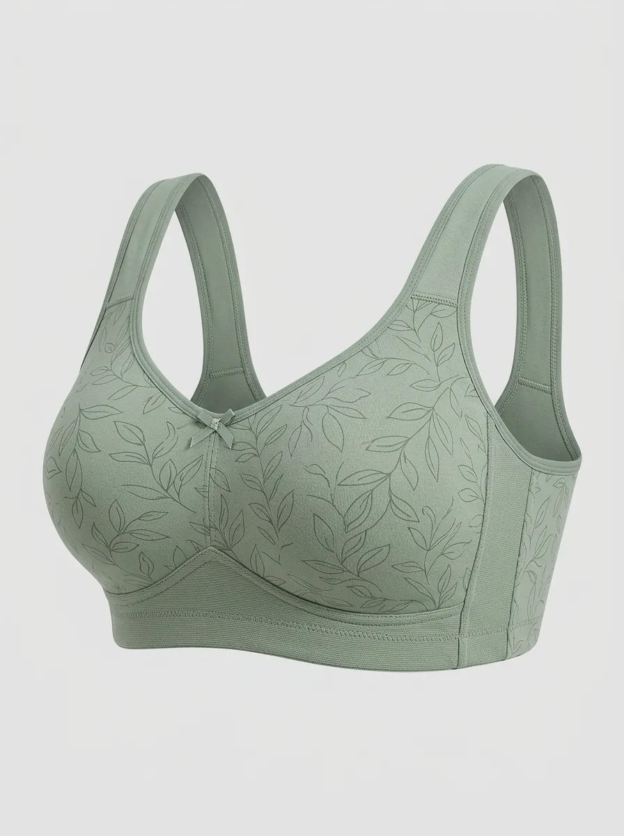 Women's Plus Size Sage Green Leaf Full-Coverage Wide-Strap Wireless Bra