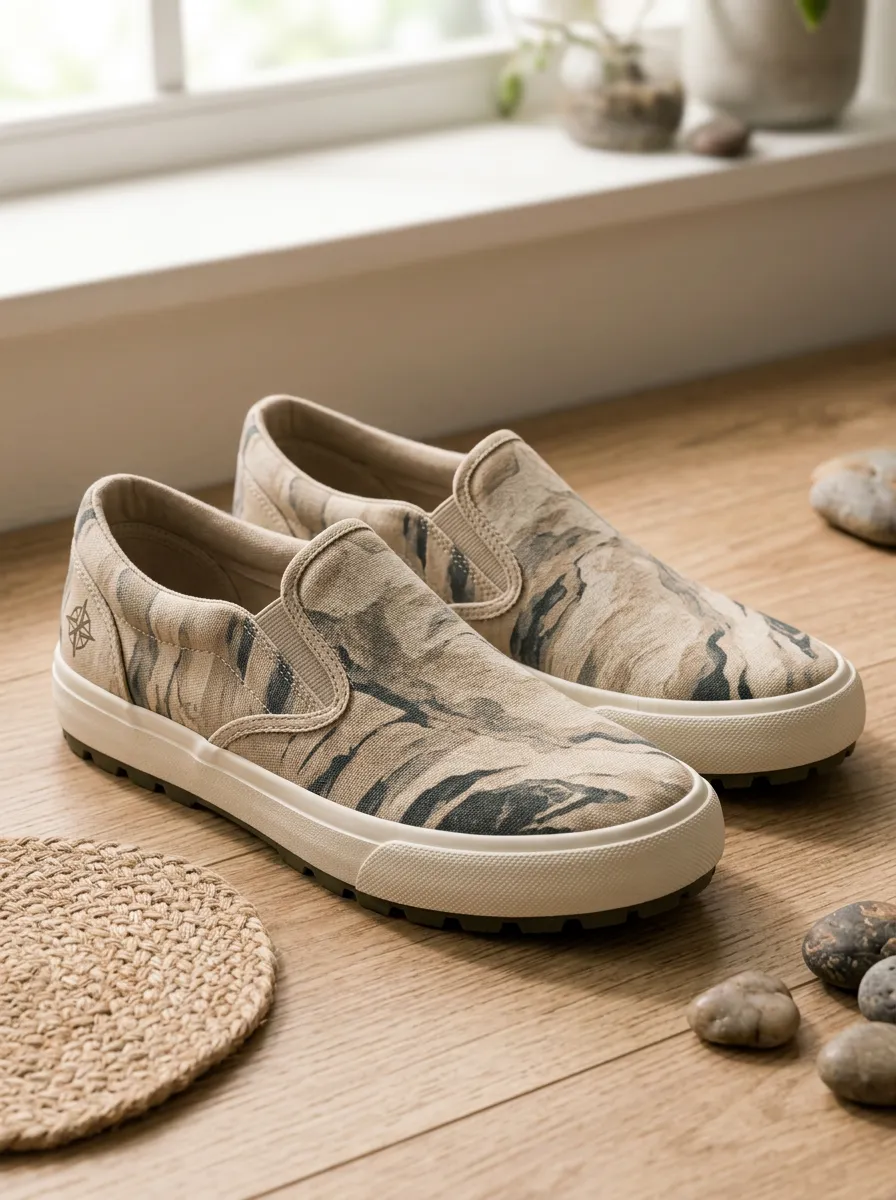 Men's Compass Adventure Beige Marble Printed Canvas Shoes
