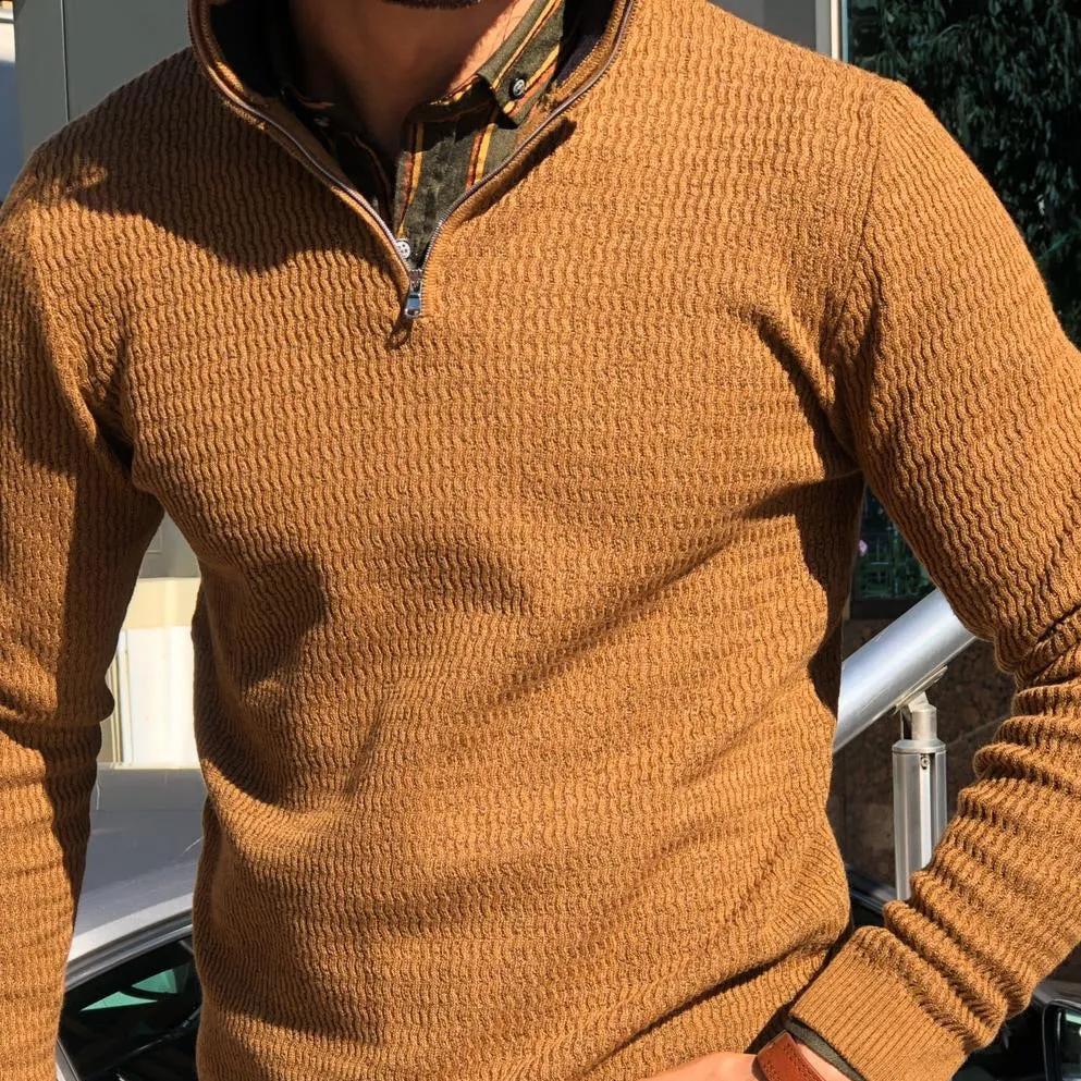 Refined Slim Fit Zip Detail Cotton Knit Sweater